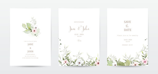 Fototapeta na wymiar Set of invitation template cards with botanical and watercolor stains