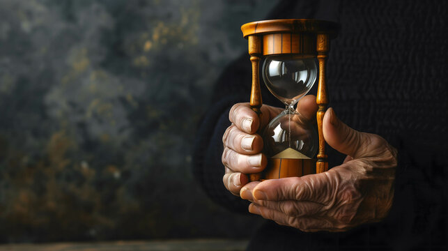hand of old man and hourglass, time is important concept