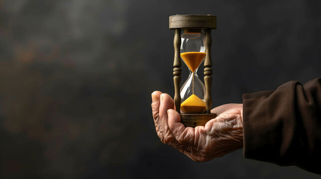 hand of old man and hourglass, time is important concept