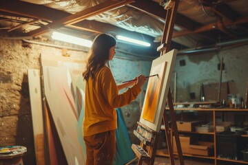 Fototapeta na wymiar woman painting on an easel in a naturally lit basement studio