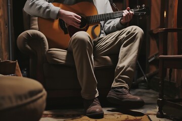 musician playing an acoustic guitar sitting on an armchair in the basement