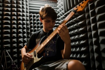 teenager playing electric guitar in a soundproofed basement room - obrazy, fototapety, plakaty