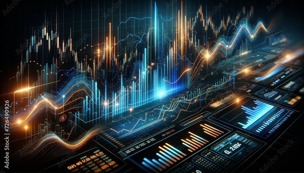 Aufkleber dynamic and detailed stock market data visualization with glowing digital graphs, bars, and numerical data