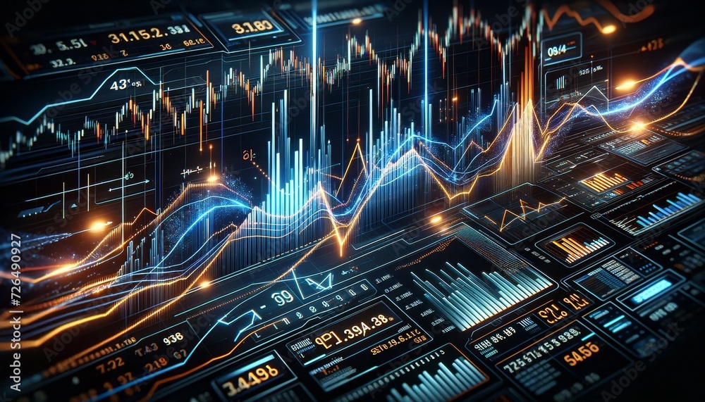Aufkleber dynamic and detailed stock market data visualization with glowing digital graphs, bars, and numerica
