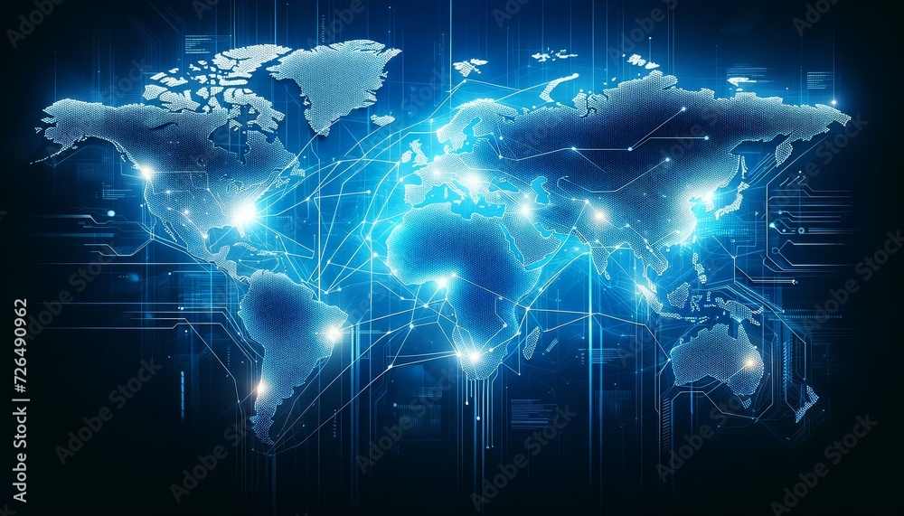 Poster digital world map on a dynamic blue background