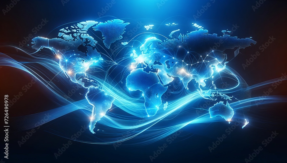 Poster digital world map on a dynamic blue background