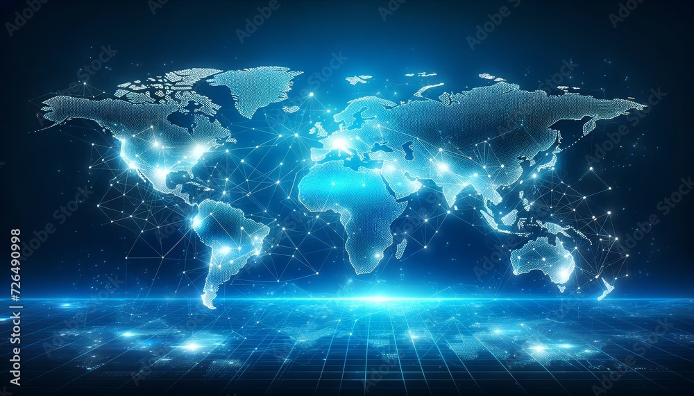 Poster digital world map on a dynamic blue background