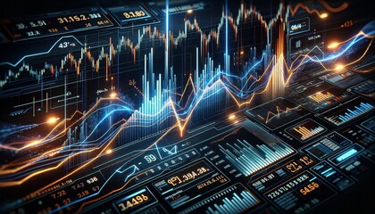 dynamic and detailed stock market data visualization with glowing digital graphs, bars, and numerical data