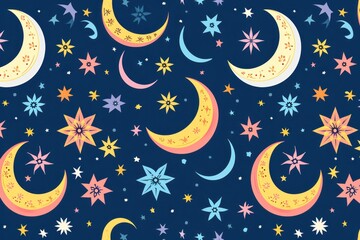 Ramadan Kareem greeting card with crescent moon and stars on dark blue twilight sky, islamic religion Ramadan Eid al-Adha, Eid al-fitr. Concept of New year Muharram celebration with copy space