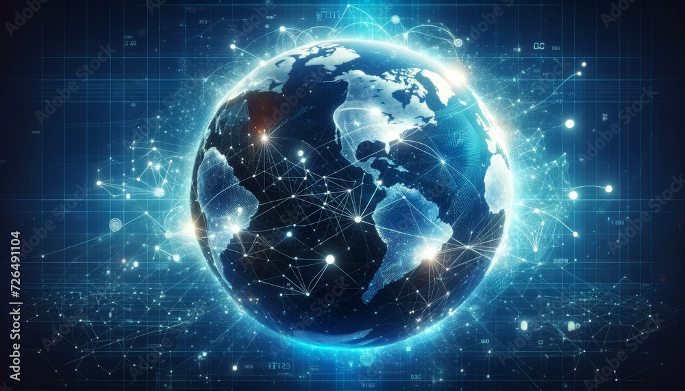 Poster digital world map on a dynamic blue background