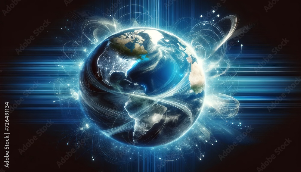 Poster digital world map on a dynamic blue background