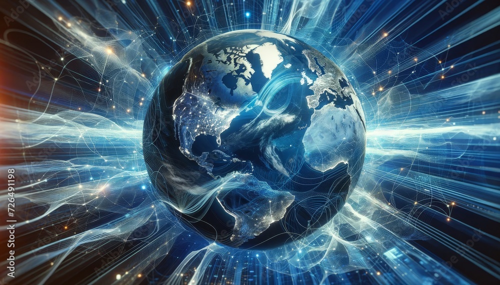 Poster digital world map on a dynamic blue background