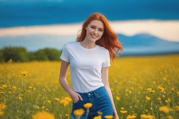 Young red-haired woman 20 years old in jeans and a white T-shirt in a field with green grass under a blue sky with fluffy clouds. Generative Ai