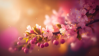 nature Spring border or blurred background art with pink blossom blooming tree. Generative AI.