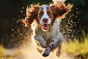 Cocker Spaniel running in a wheat field,open mouth ears developing,cheerful dog running fast...