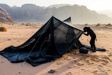 person setting up a traditional black tent in the desert