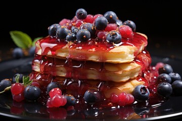 Red fruit pancakes with raspberry syrup and blueberry generated by, generative IA