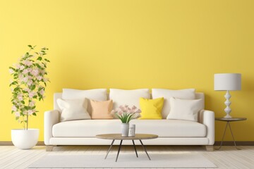 Cozy living room in a minimalist Scandinavian style with a sofa, pillows and a chair nearby and with yellow walls.