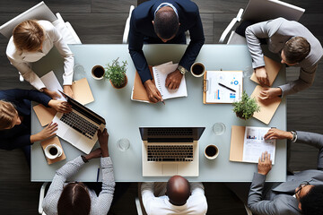 Overhead view of business professionals working on laptops and discussing documents in a meeting at a modern office.