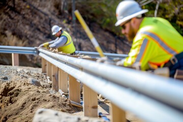 laborers installing guardrails for pedestrian path