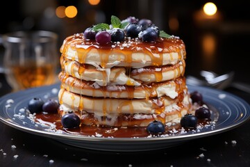 Cottage Cheese Cheesecakes Pancakes with Groovers of Honey and Blueberries in a Bl, generative IA - obrazy, fototapety, plakaty