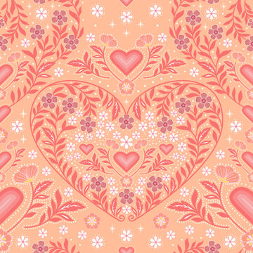 Love valentine peach fuzz seamless pattern. heart botanical ditsy floral print. orange flower garden background. good for fabric, fashion design, textile, wallpaper, summer dress, bedding, pajama.