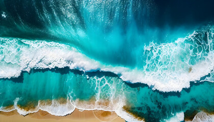 Ocean waves on the beach as a background. Beautiful natural summer vacation holidays background. Aerial top down view of beach and sea with blue water waves. Generative AI. - obrazy, fototapety, plakaty