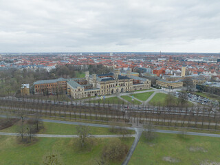 University of Hanover, building exterior. Aerial drone view. Global thinking and interdisciplinary research.
