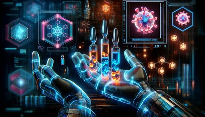 A close-up of a pair of hands, wearing holographic gloves, holds three transparent vials containing glowing orange and blue capsules.