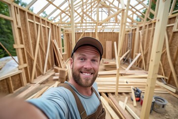 Naklejka na ściany i meble carpenter taking selfie, wooden frame of new house in the background