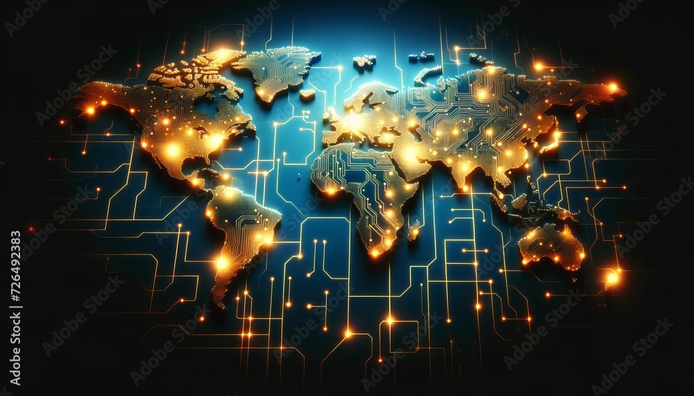 Poster stylized world map laid out as a circuit board with glowing connections and lights