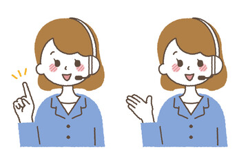 オペレーターをしている人物イラスト。コールセンターで電話対応している女性。