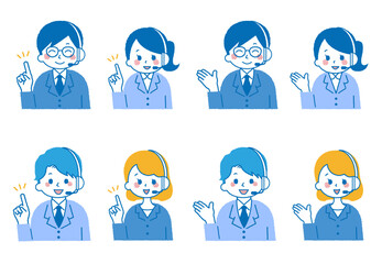 オペレーターをしている人物イラスト。コールセンターで電話対応している女性と男性。