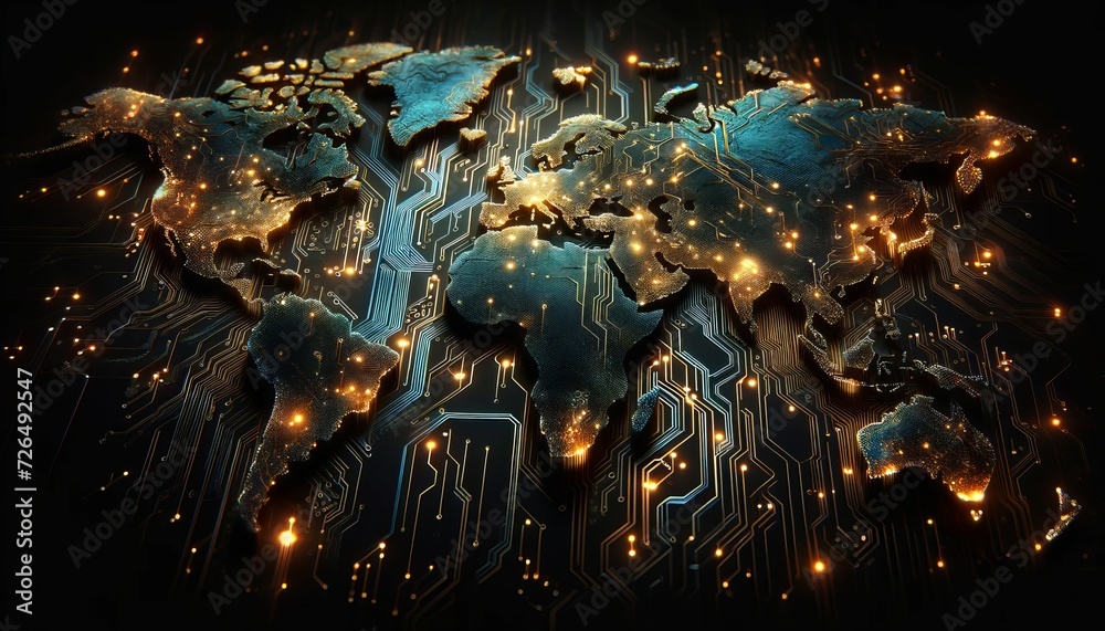 Poster stylized world map laid out as a circuit board with glowing connections and lights