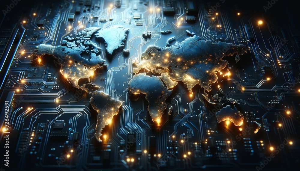 Poster stylized world map laid out as a circuit board with glowing connections and lights