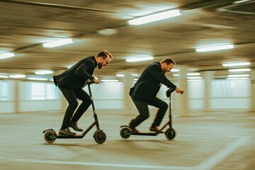 business duo racing on scooters in a parking garage
