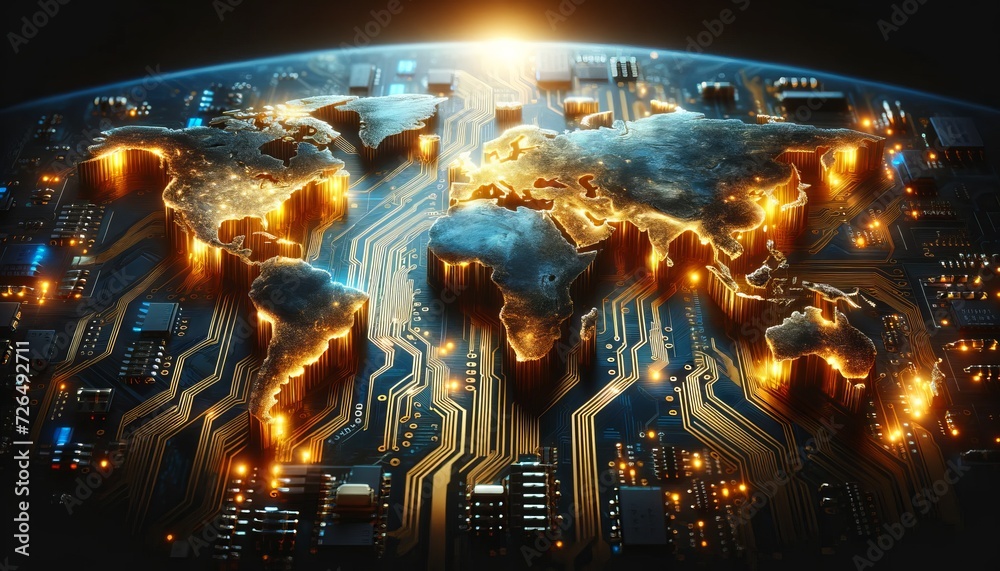 Poster stylized world map laid out as a circuit board with glowing connections and lights