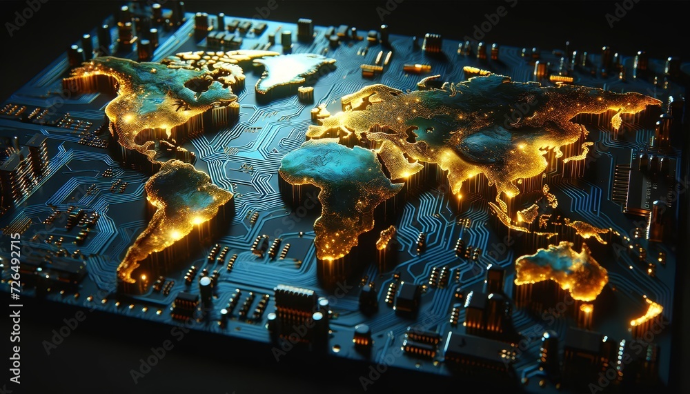 Poster stylized world map laid out as a circuit board with glowing connections and lights