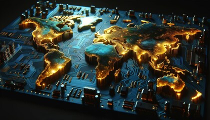 stylized world map laid out as a circuit board with glowing connections and lights
