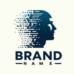 Logo: stylized human head, fragmented right side. Bold brand name, catchy tagline