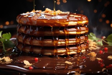 Fototapeta na wymiar Battery of sweet pancakes with chocolate syrup generated by AI, generative IA
