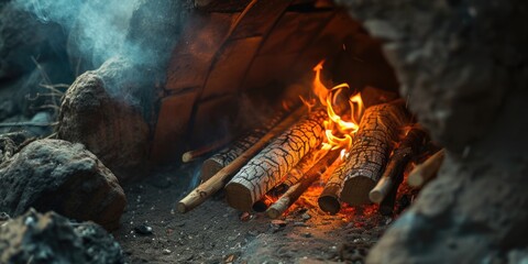 A close-up view of a fiery flame burning in a stone oven. This image can be used to depict cooking, baking, or traditional methods of heating food