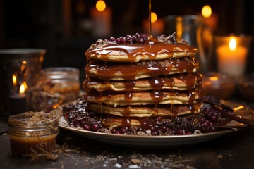 Fototapeta na wymiar Imposing pile of cute pancakes and varied cakes, a decaying banquet of sweetness, generative IA