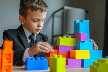 boy dressed as a businessman sorting colorful building blocks symbolizing organizational skills - obrazy, fototapety, plakaty