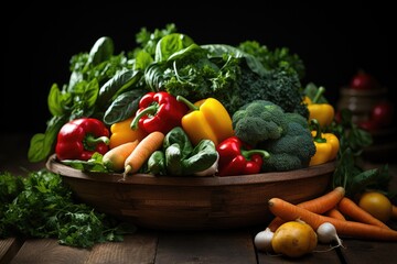 Closeup basket of organic vegetables, emphasizing the natural farm-to-table process and healthy food
