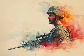 Modern soldier of Iran close up Illustration. Iran soldier watercolor colors Illustration - obrazy, fototapety, plakaty