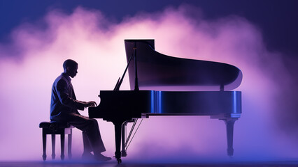 Silhouette of a male classical music pianist playing a grand piano at a musical performance in a concert hall which could be used as a poster or flyer, stock illustration image - obrazy, fototapety, plakaty