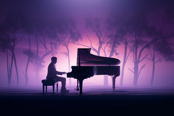 Silhouette of a male classical music pianist playing a grand piano at a musical performance in a concert hall which could be used as a poster or flyer, stock illustration image  - obrazy, fototapety, plakaty