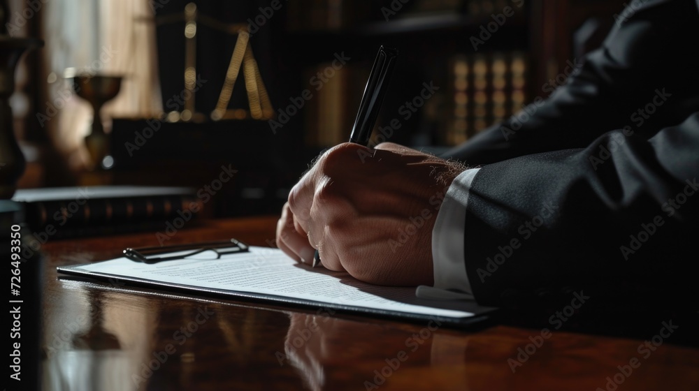 Poster a man in a suit writing on a piece of paper. this image can be used to represent business, communica