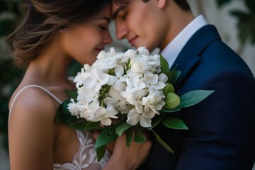 Obraz na płótnie Canvas couple nosetonose, a lush bouquet of gardenias held between them